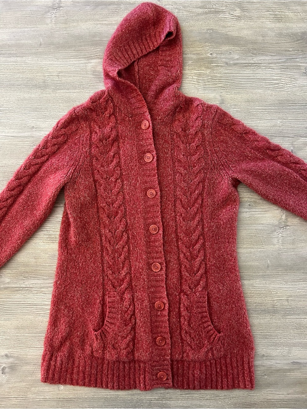 L.L. Bean Women's L Marled Red Fisherman Cable Knit Hooded Long Cardigan Sweater